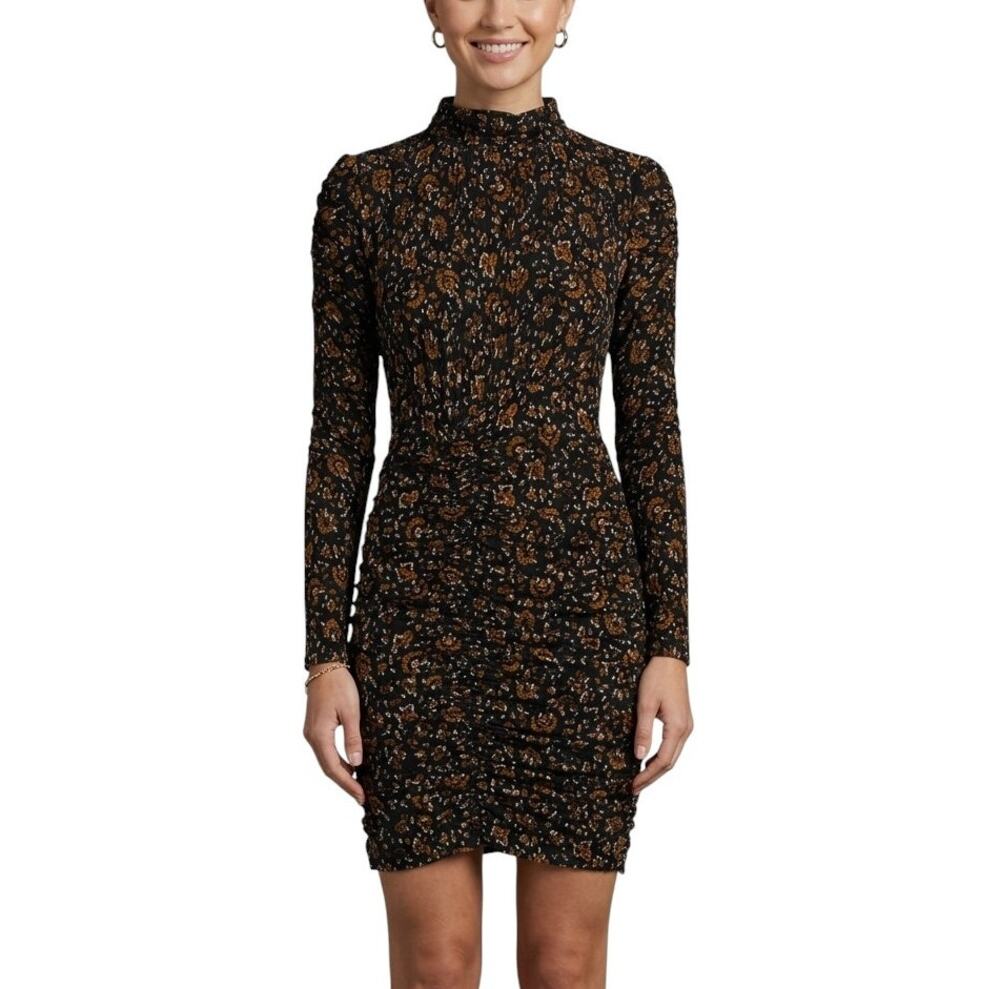 Veronica Beard Gretna Dress Black Multi Turtleneck Ruched Women Size L NWT